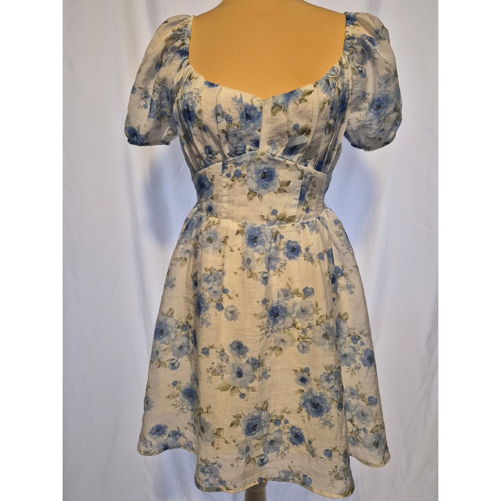 Blu Pepper Blue Floral Puff Sleeve Cutout Back Mini Dress CR2456 Medium NWT